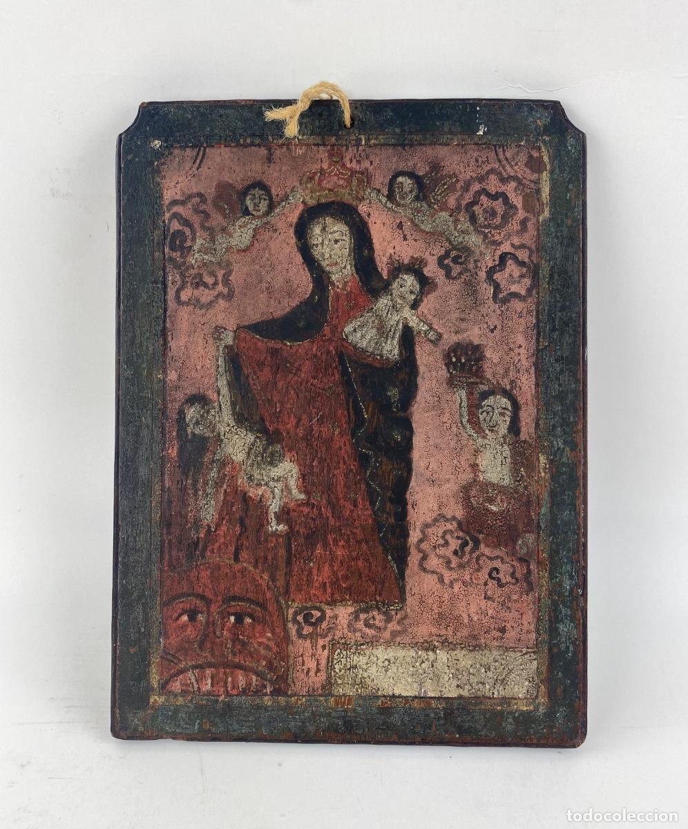Arte: Virgen del Carmen en el purgatorio, pintura sobre madera, escuela colonial, siglos XVIII - XIX.