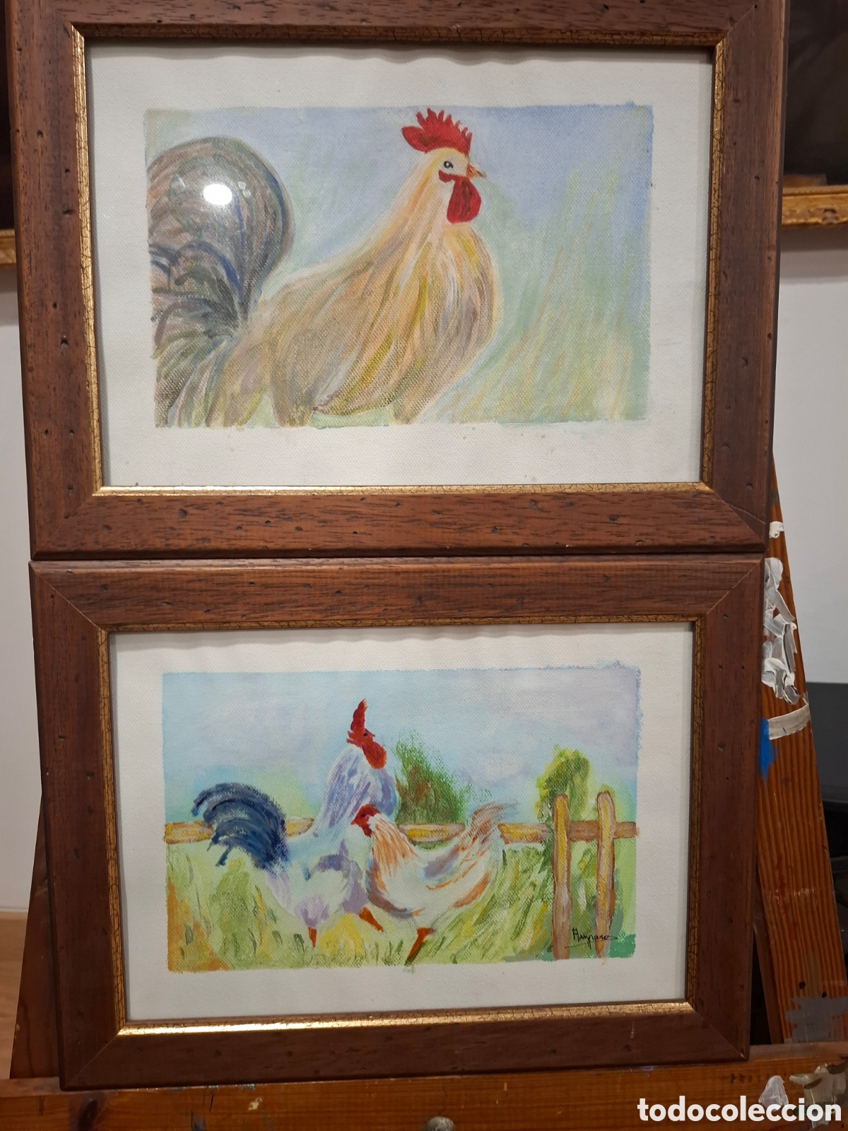 Arte: Cuadro al oleo pareja de gallinitas 35x27