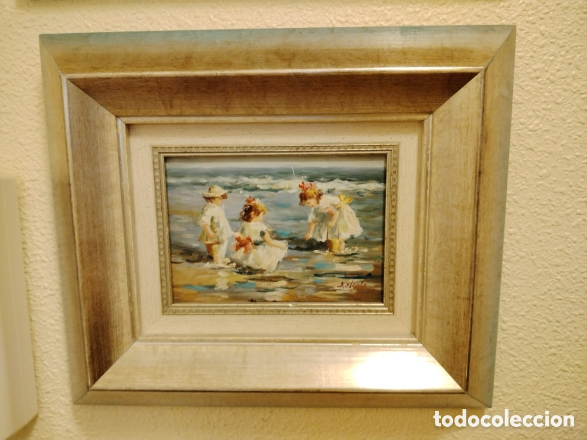 Arte: &Oacute;leo - ni&ntilde;os jugando en la orilla - firmado, autor por identificar