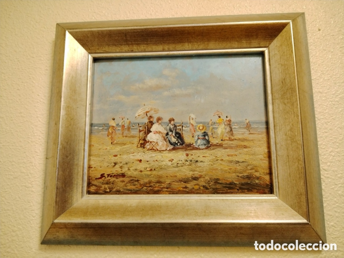 Arte: &Oacute;leo escena de playa con figuras y sombrillas - firmado, autor por identificar
