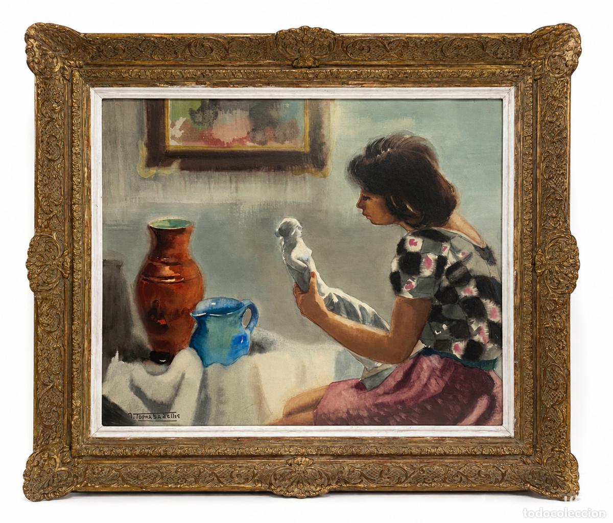 Arte: JOAN TORRABADELL (GRANOLLERS, 1913 - 1991) - ACUARELA - 64 X 77 CM - NI&Ntilde;A CON ESCULTURA DE YESO