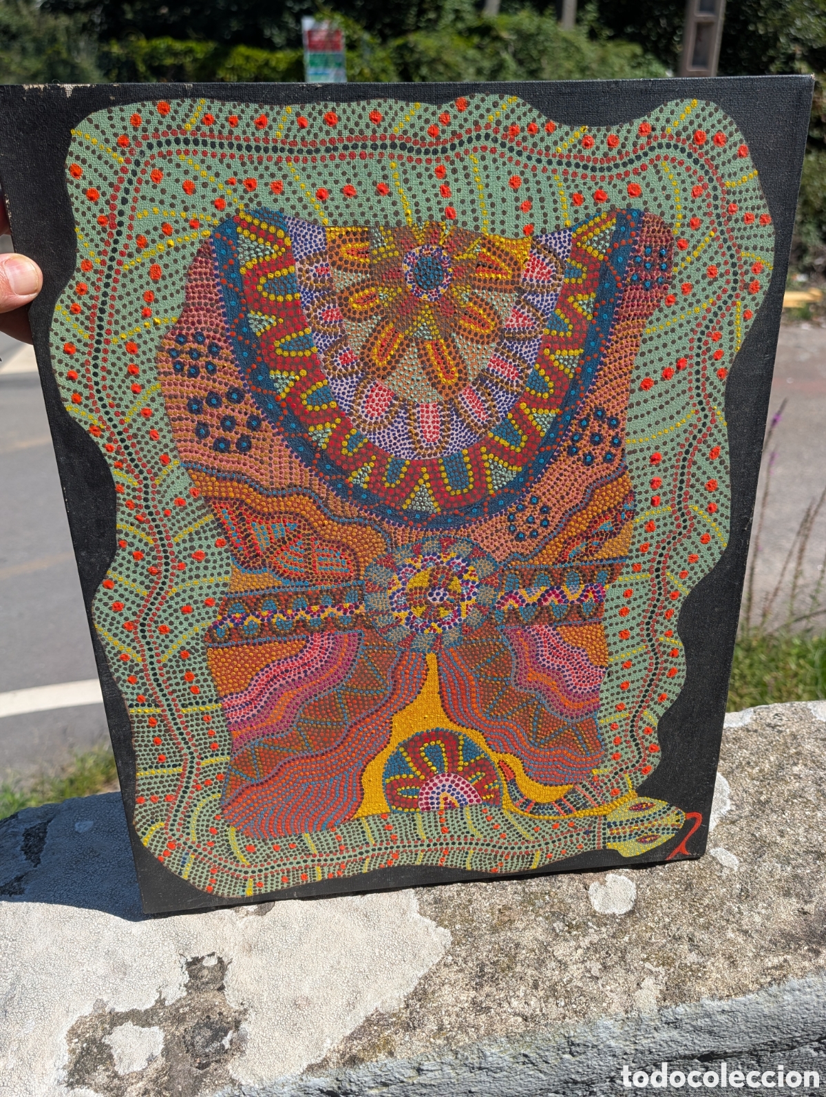 Arte: Cuadro de Estilo Aborigen Australiano - Gran Serpiente en Puntillismo (Lienzo Firmado)