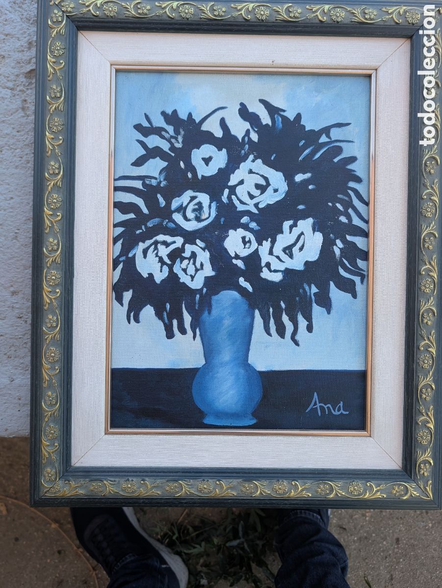 Arte: cuadro original de flores al oleo sobre tabla de lienzo en jarron azul firmado Ana
