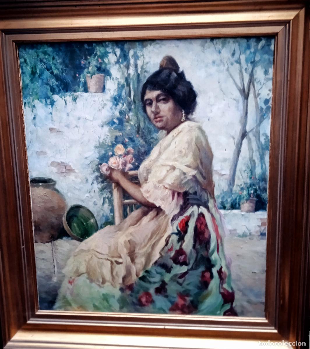 Arte: E. Iriarte (Siglo XIX-XX): Gitana en un patio andaluz