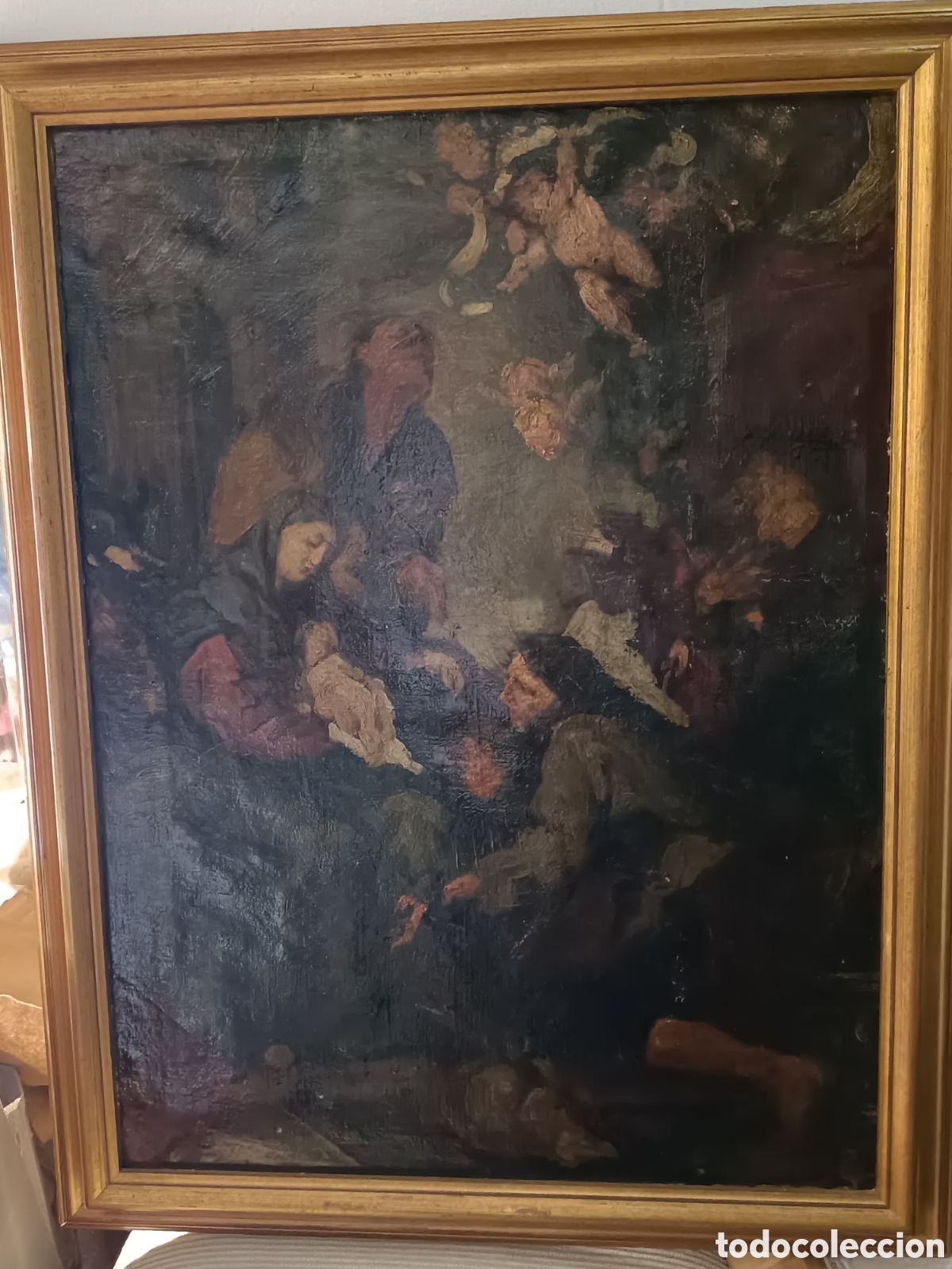 Arte: Oleo sobre lienzo, adoraci&oacute;n de los pastores, S. XIX.