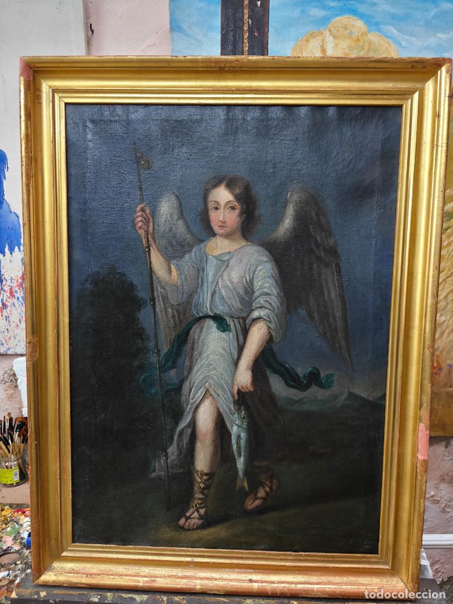 Arte: Antiguo &Oacute;leo sobre Lienzo &ndash; Arc&aacute;ngel San Rafael con el Pez &ndash; Marco Dorado en oro fino.