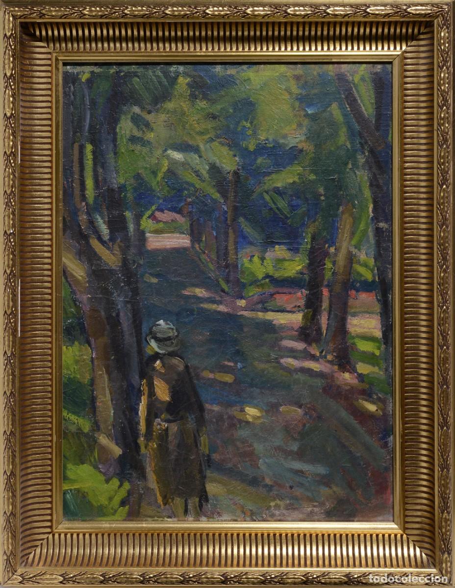 Arte: Early 20th Century Russian Expressionist Park Scene Oil Board Signed Framed