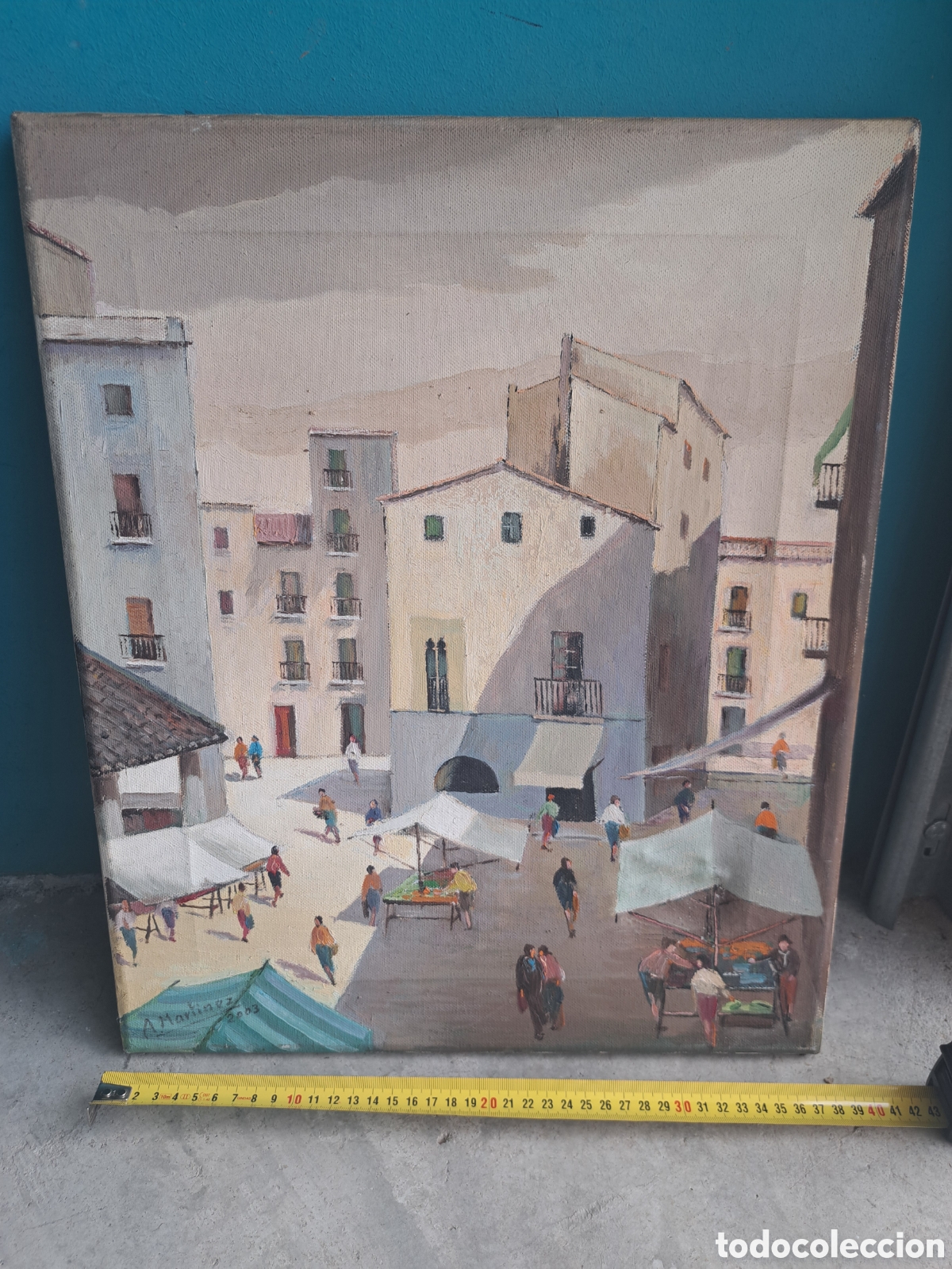 Arte: Jml Cuadro lienzo oleo pintura mercado pueblo. Firmado A. Martinez. 2003