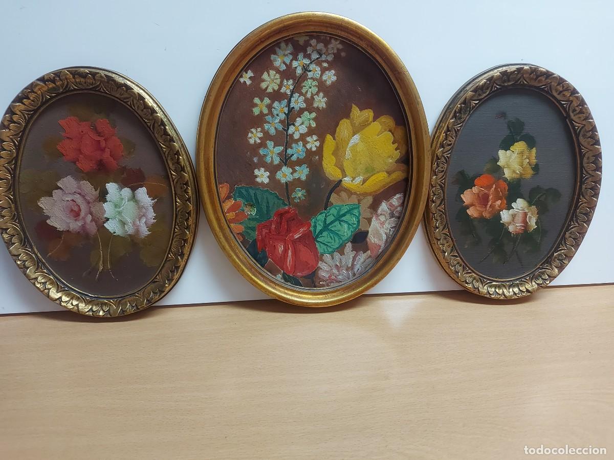 Arte: 3 cuadros oleo flores ovalados marco dorados