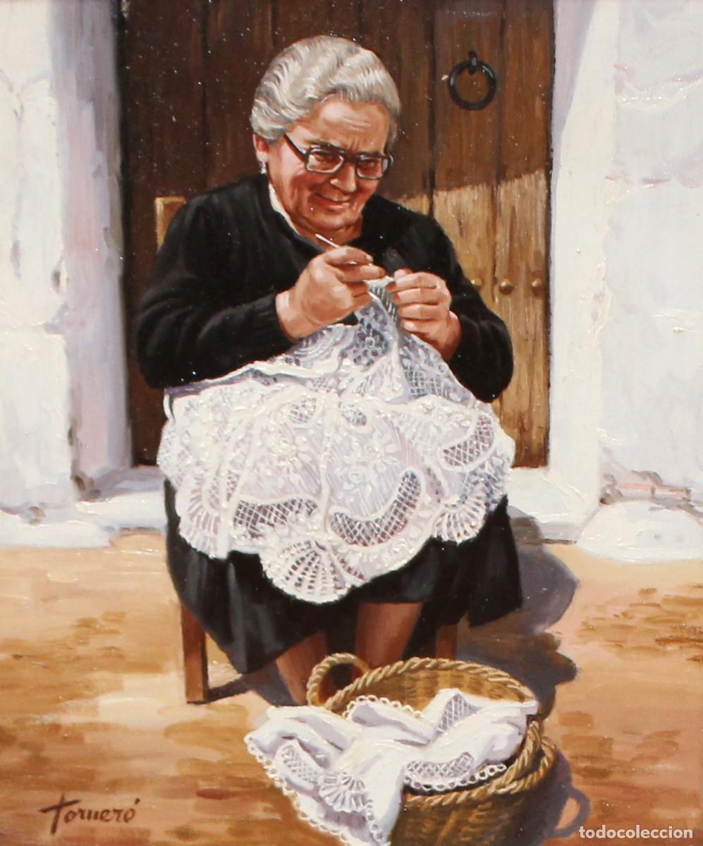 Kunst: FRANCESC TORNER&Oacute; G&Oacute;MEZ (1934) OLEO SOBRE TELA. HACIENDO GANCHILLO