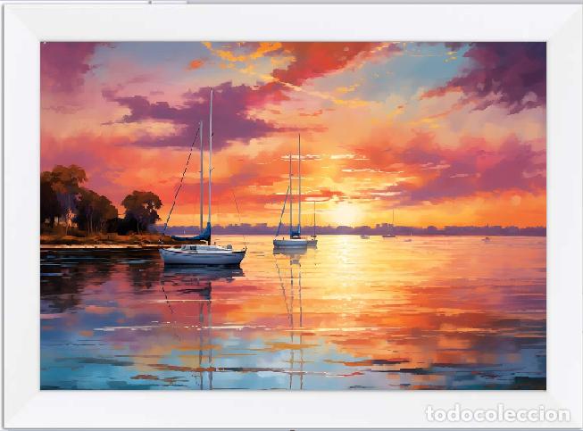 Arte: Cuadro impreso pintura de veleros en el agua al atardecer con un cielo colorido arte 29,7x42