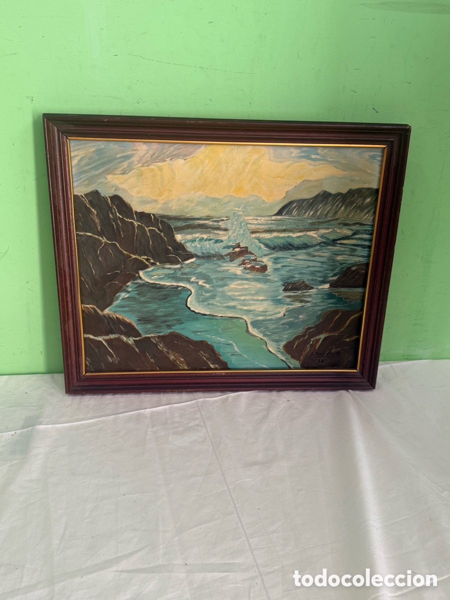 Arte: &Oacute;leo sobre lienzo &ndash; Paisaje marino firmado y fechado 1988