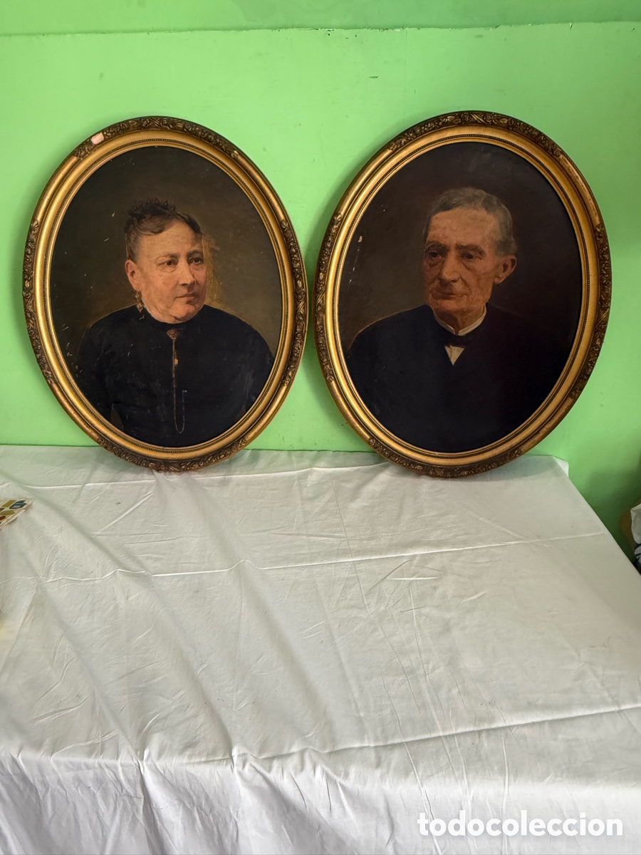 Arte: Pareja de grandes retratos de matrimonio &ndash; &Oacute;leo sobre tabla &ndash; Finales del siglo XIX,