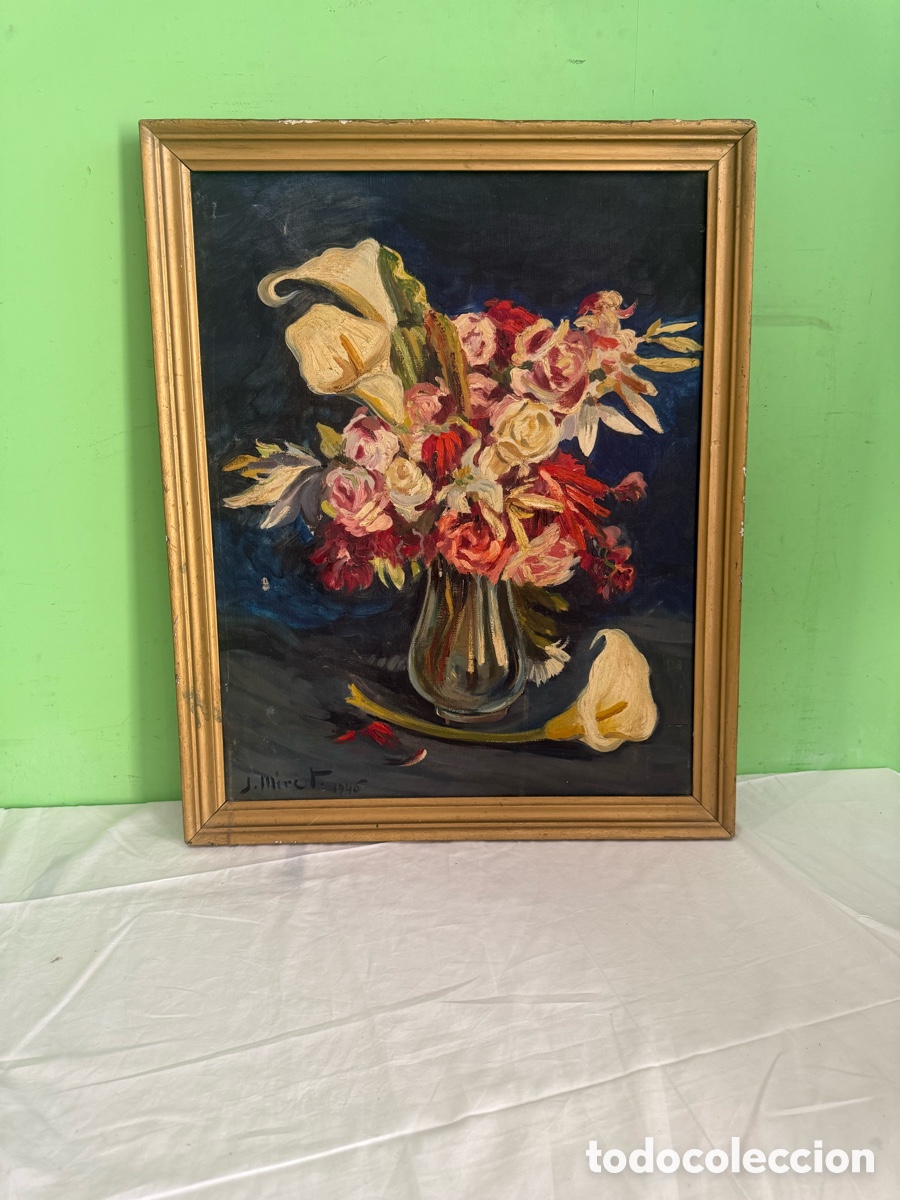 Arte: Jos&eacute; Miret Aleu (1912-1999) &ndash; Bodeg&oacute;n de flores &ndash; &Oacute;leo sobre lienzo firmado 1948