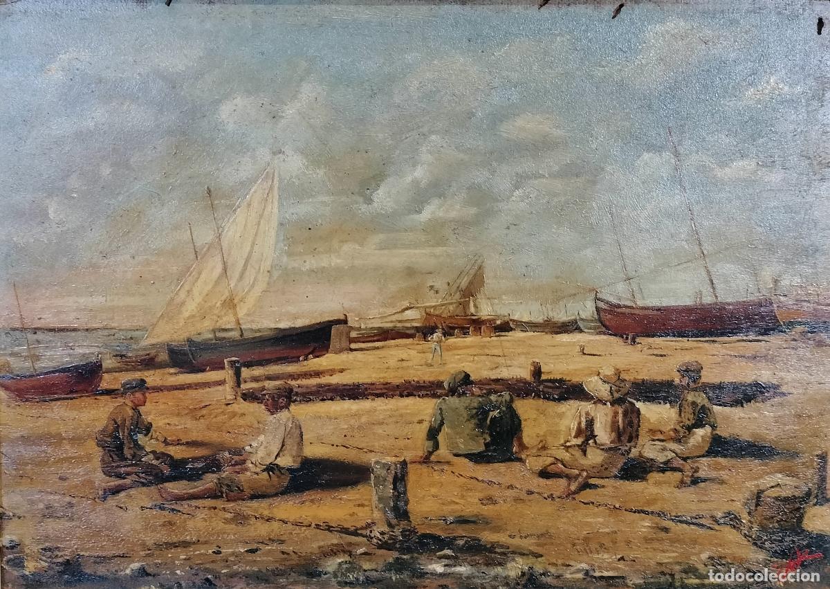 Arte: EL REPOSO DE LOS PESCADORES. FIRMA ILEGIBLE. &Oacute;LEO SOBRE TABLA. ESCUELA CATALANA. SIGLO XIX.