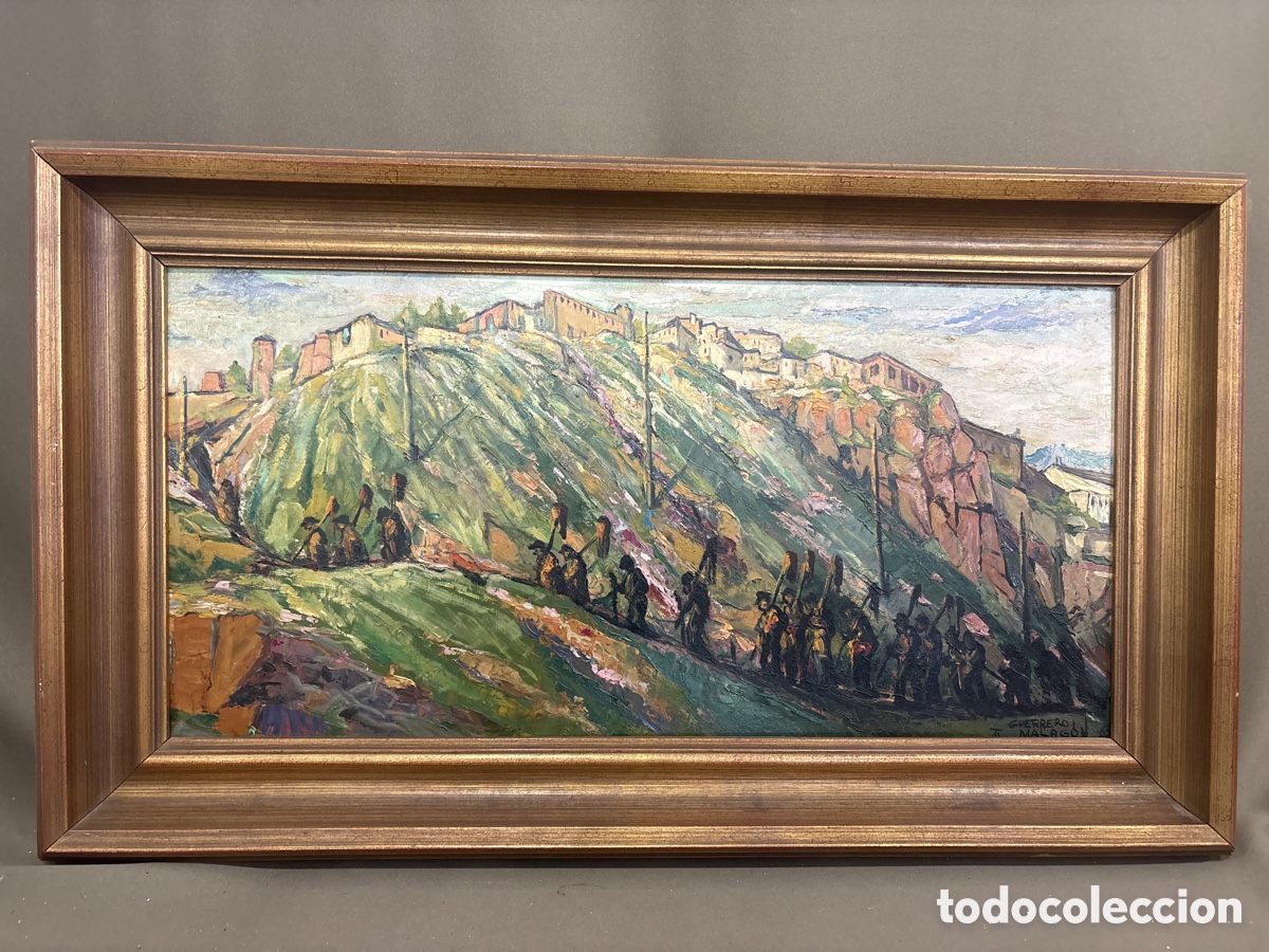 Arte: Antigua pintura sobre tabla,GUERRERO MALAG&Oacute;N 1963,escena expresionista*ver fotos*