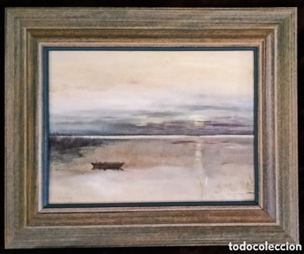 Arte: &Oacute;LEO s.TABLA / * AMANECER CON BARCA *. FDO.: A. RIVAS. A&ntilde;o 1993 (S. XX). ENMARCADO