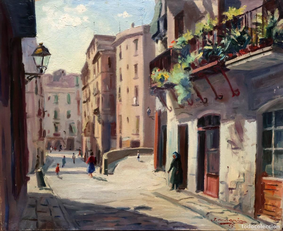 Arte: JOAN MARIN BARBERAN (1920-2016) OLEO SOBRE TELA DEL A&Ntilde;O 1955. ESCENA COTIDIANA DE PUEBLO