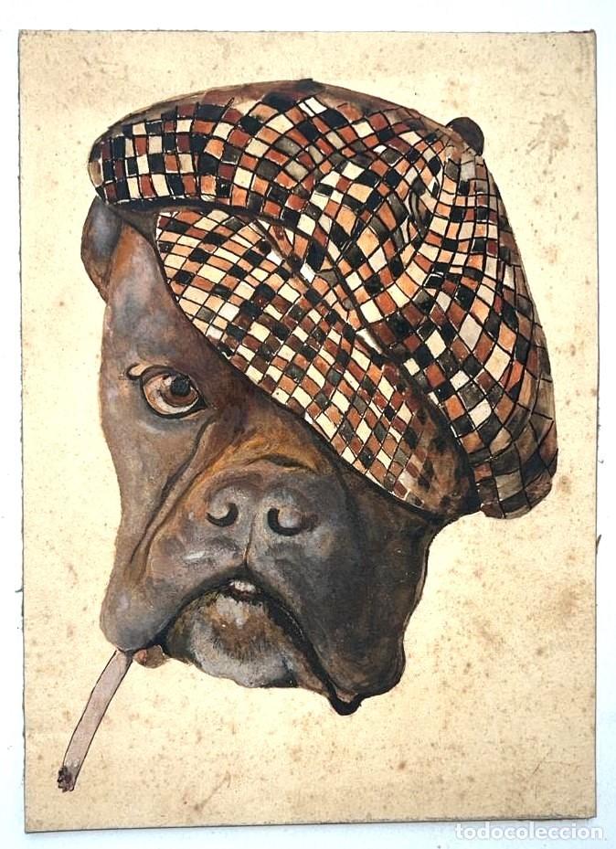 Arte: Pintura Antigua S. XX &rdquo;City Desk&rdquo; - Perro c/Boina y Cigarrillo. &Oacute;leo/Gouache sobre Tabla (cm)