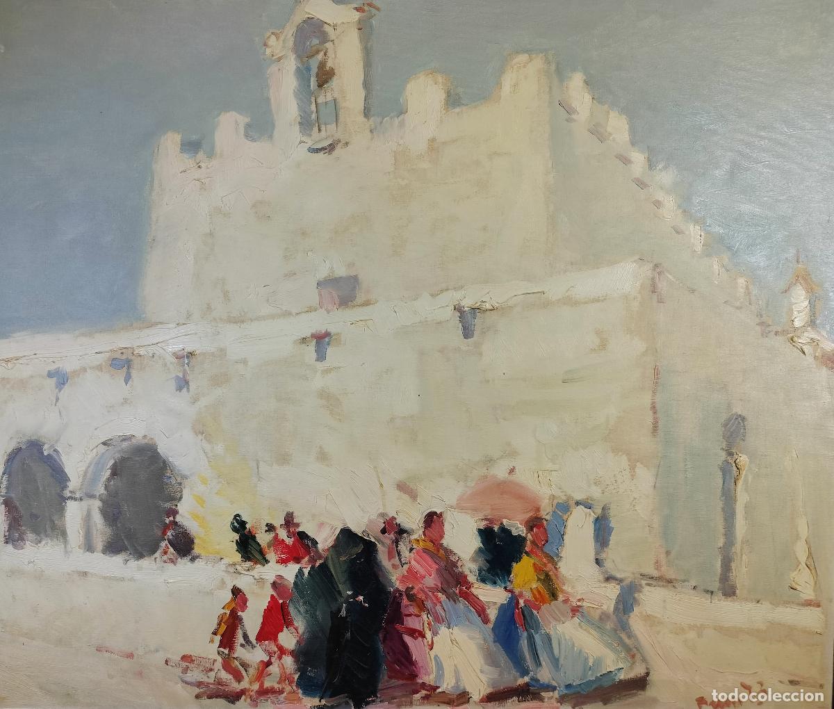 Arte: PAISAJE IBICENCO CON IGLESIA Y PAYESAS. FIRMA ILEGIBLE. &Oacute;LEO SOBRE LIENZO. ESPA&Ntilde;A. 1973.