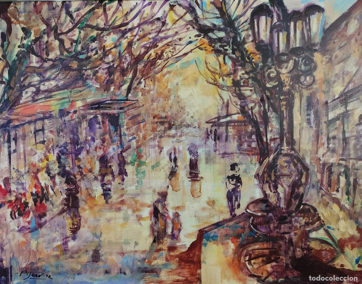 Arte: VISTA DE LAS RAMBLAS DE BARCELONA. JOAN PIJOAN. &Oacute;LEO SOBRE LIENZO. ESPA&Ntilde;A. 1952
