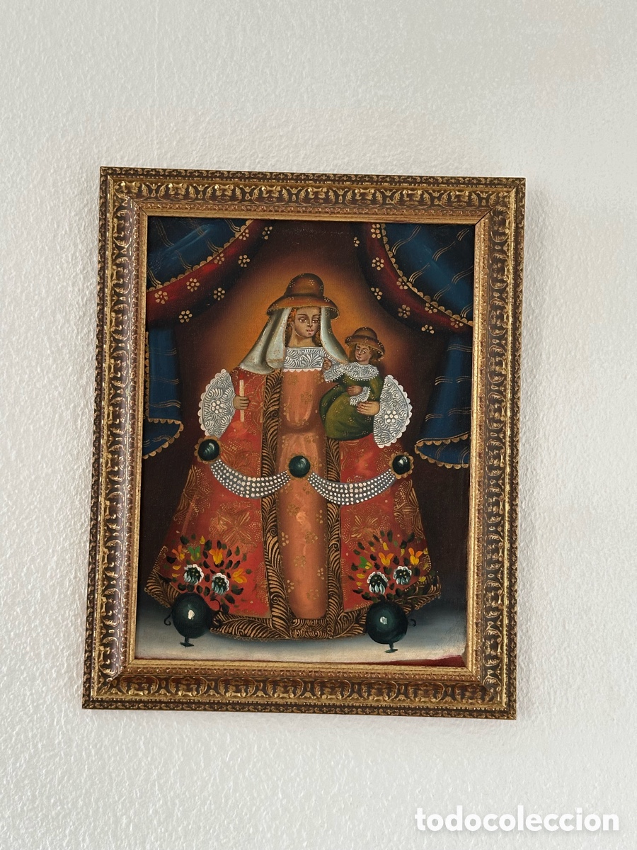 Arte: Virgen de la Candelaria con Ni&ntilde;o &ndash; &oacute;leo sobre lienzo &ndash; estilo Escuela Cuzque&ntilde;a &ndash; M&eacute;xico S. XX