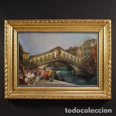 Arte: Gran cuadro del siglo XX de C. Mannucci, Carnaval en el puente de Rialto.