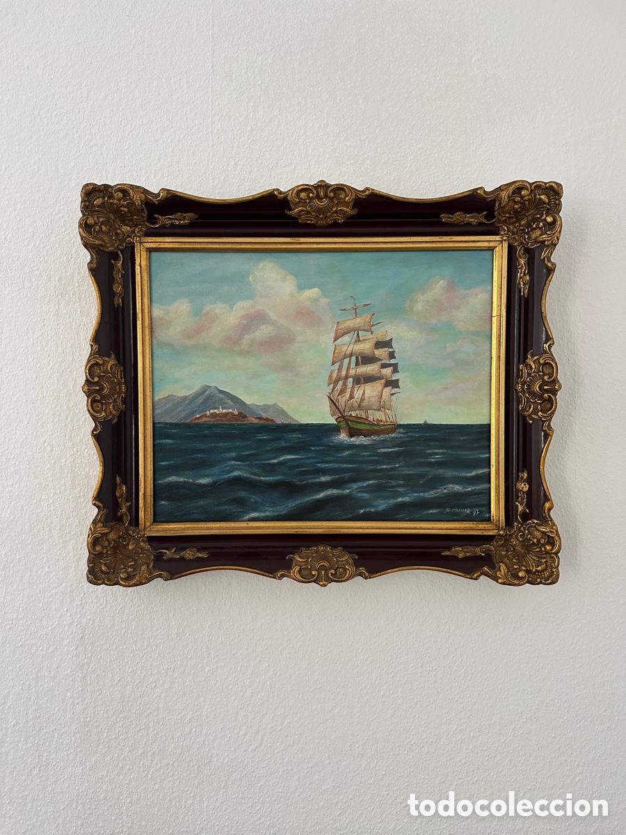 Arte: &Oacute;leo sobre lienzo velero firmado G. M&uuml;ller 97 con marco decorativo