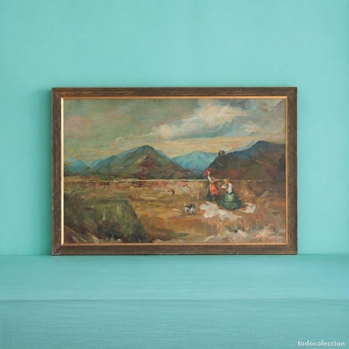 Arte: Cuadro &oacute;leo sobre lienzo firmado V. Grazioli &middot; paisaje rural con perro &middot; a&ntilde;os 50-60