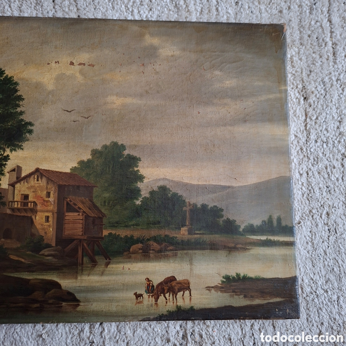 Arte: Antiguo &oacute;leo sobre lienzo / Paisaje costumbrista / Escuela Espa&ntilde;ola S. XIX-XX ( Valencia)