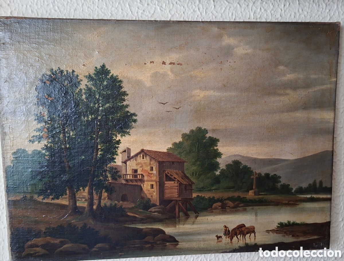 Arte: Antiguo &oacute;leo sobre lienzo / Paisaje costumbrista / Escuela Espa&ntilde;ola S. XIX-XX ( Valencia)