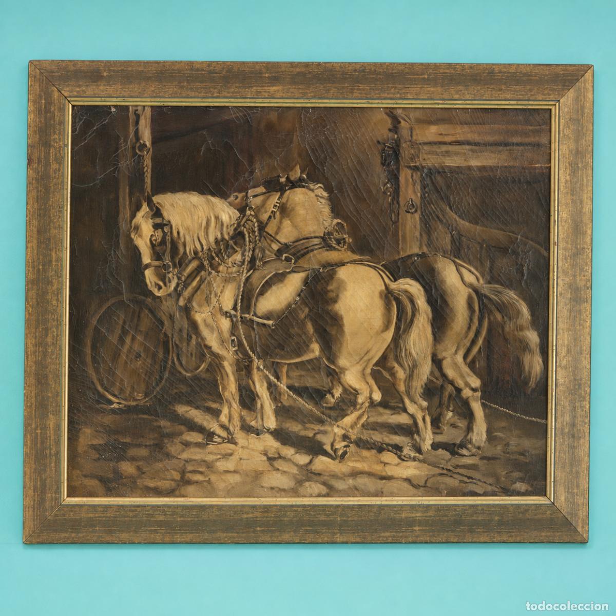 Arte: &Oacute;leo ingl&eacute;s siglo XIX &middot; Dos caballos de tiro en establo &middot; 92 &times; 73 cm