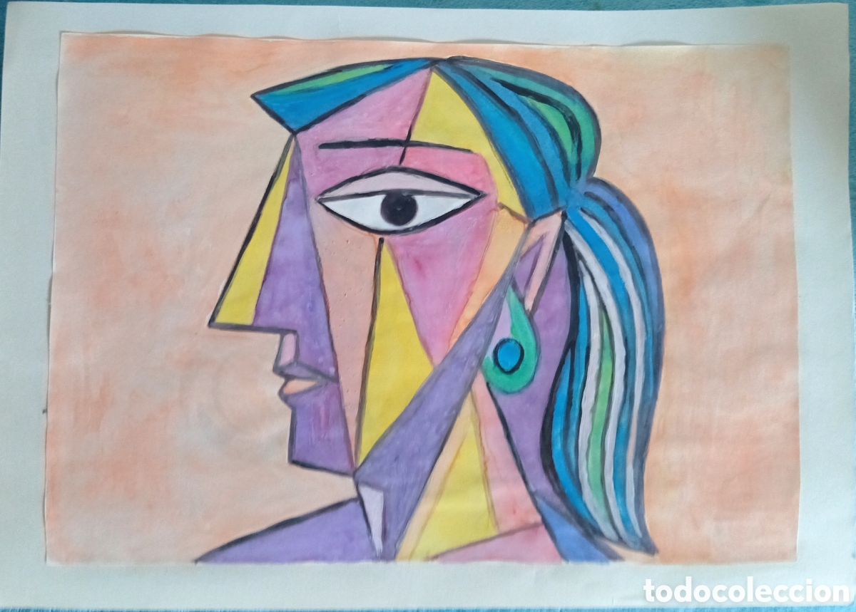 Arte: nterpretaci&oacute;n pintura dibujo (t&eacute;cnica mixta) de Picasso (17) acuarela y acr&iacute;lico sobre papel doble..