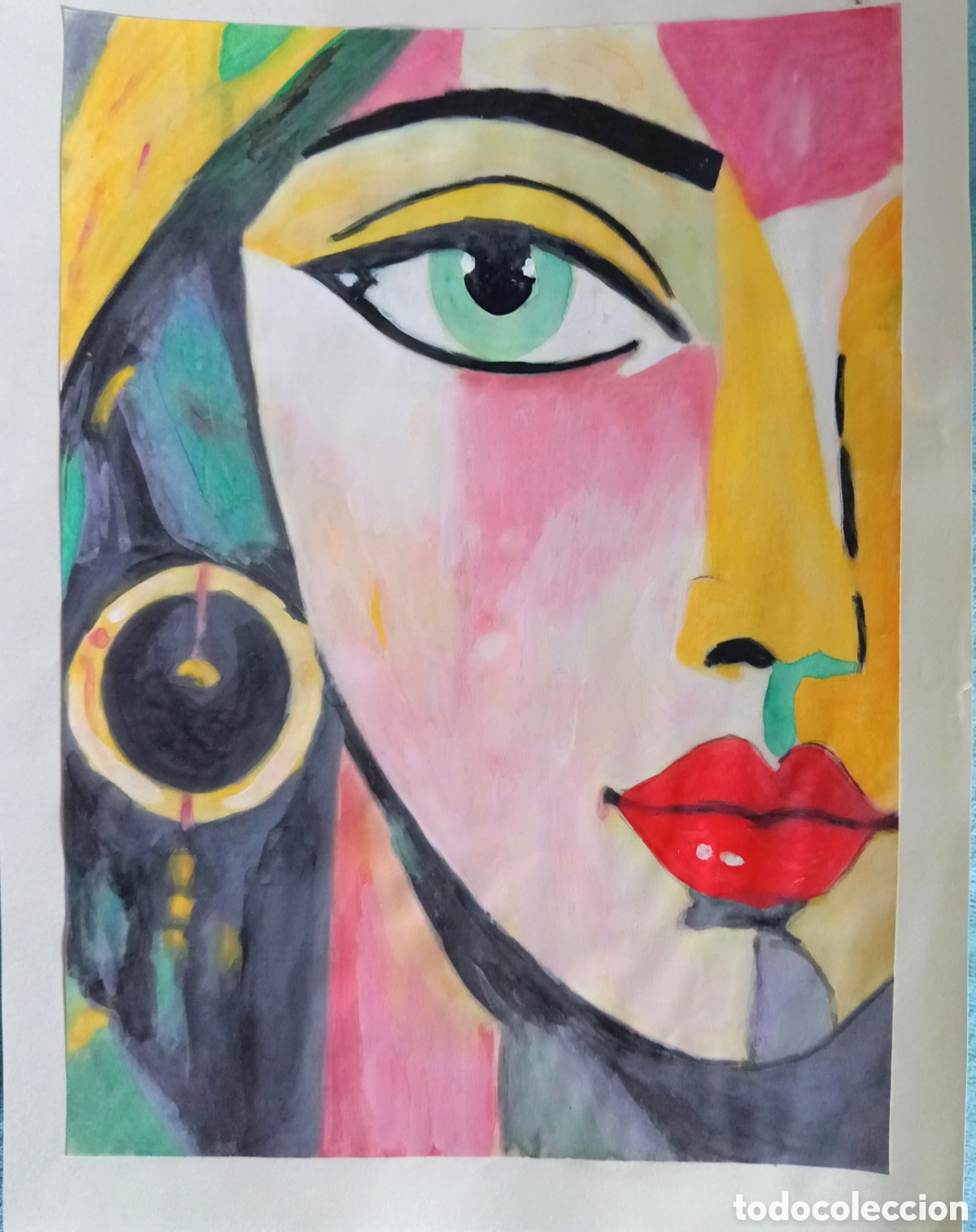 Arte: Original pintura cara abstracta (62) (t&eacute;cnica mixta) acuarela y acr&iacute;lico sobre papel cart&oacute;n doble 32