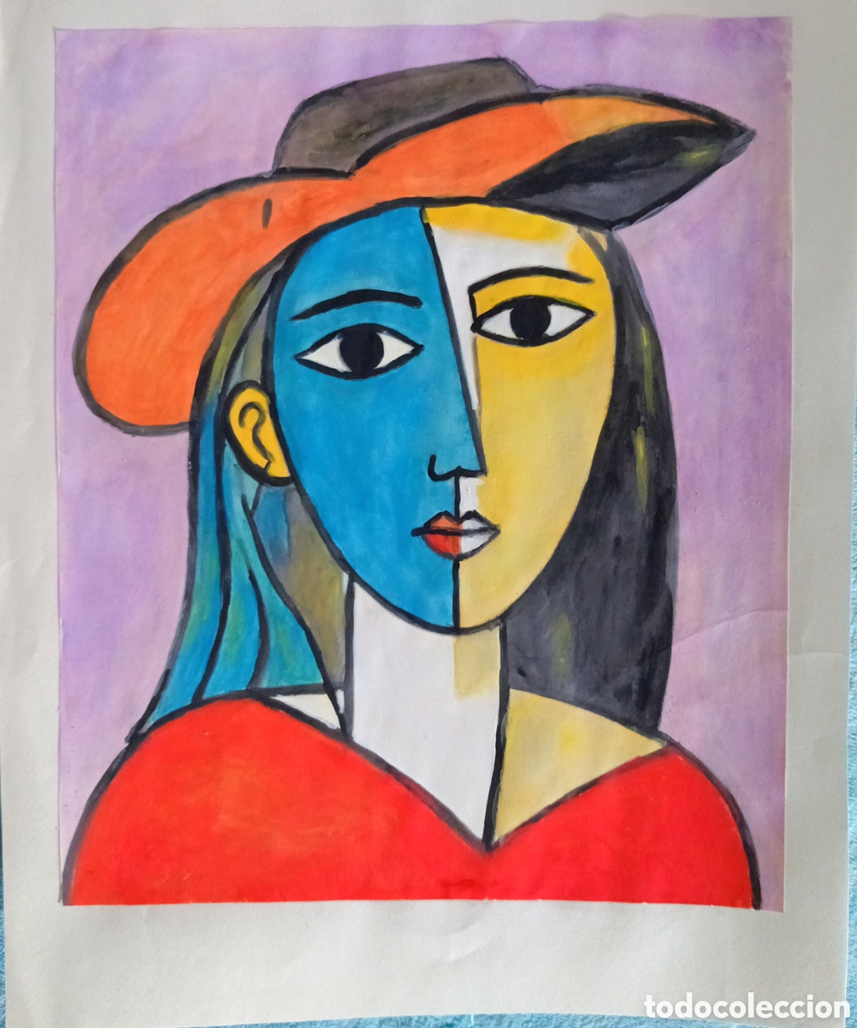 Arte: Interpretaci&oacute;n pintura dibujo (t&eacute;cnica mixta) de Picasso (18) acuarela y acr&iacute;lico sobre papel doble