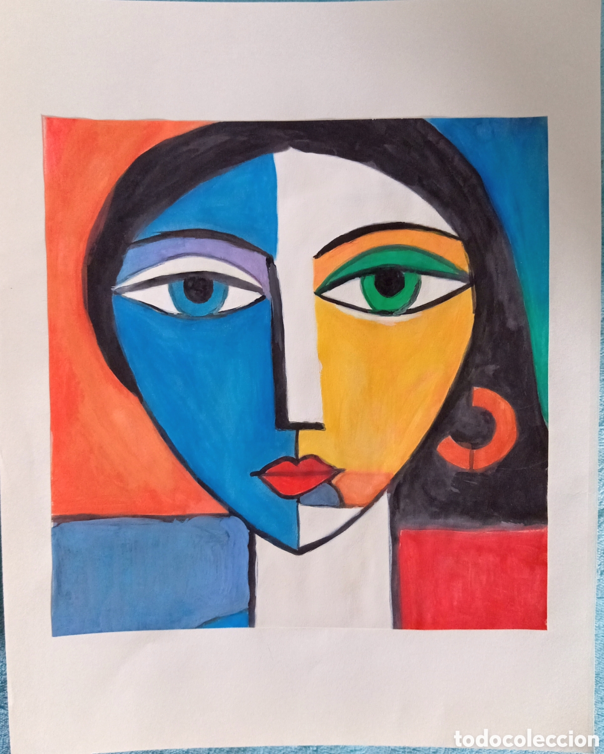 Art: Original pintura cara abstracta (63) (t&eacute;cnica mixta) acuarela y acr&iacute;lico sobre papel cart&oacute;n doble 31