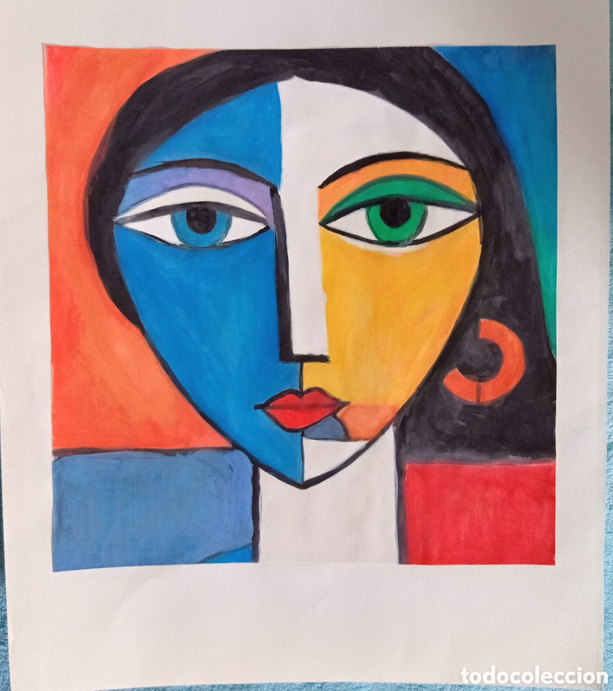 Arte: Original pintura cara abstracta (63) (t&eacute;cnica mixta) acuarela y acr&iacute;lico sobre papel cart&oacute;n doble 31