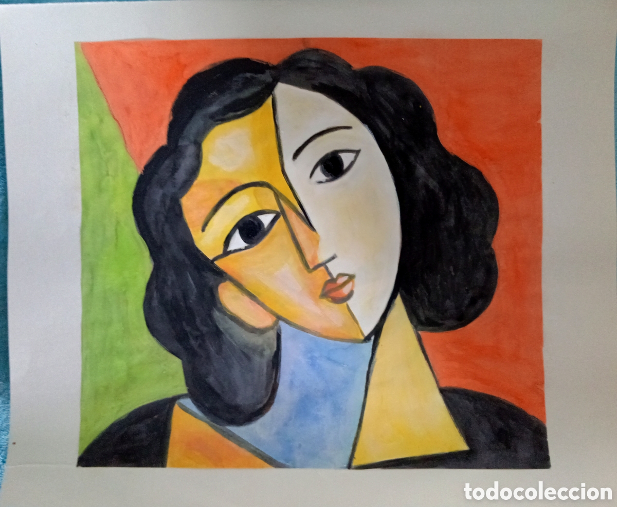 Arte: Interpretaci&oacute;n pintura dibujo (t&eacute;cnica mixta) de Picasso (19) acuarela y acr&iacute;lico sobre papel doble