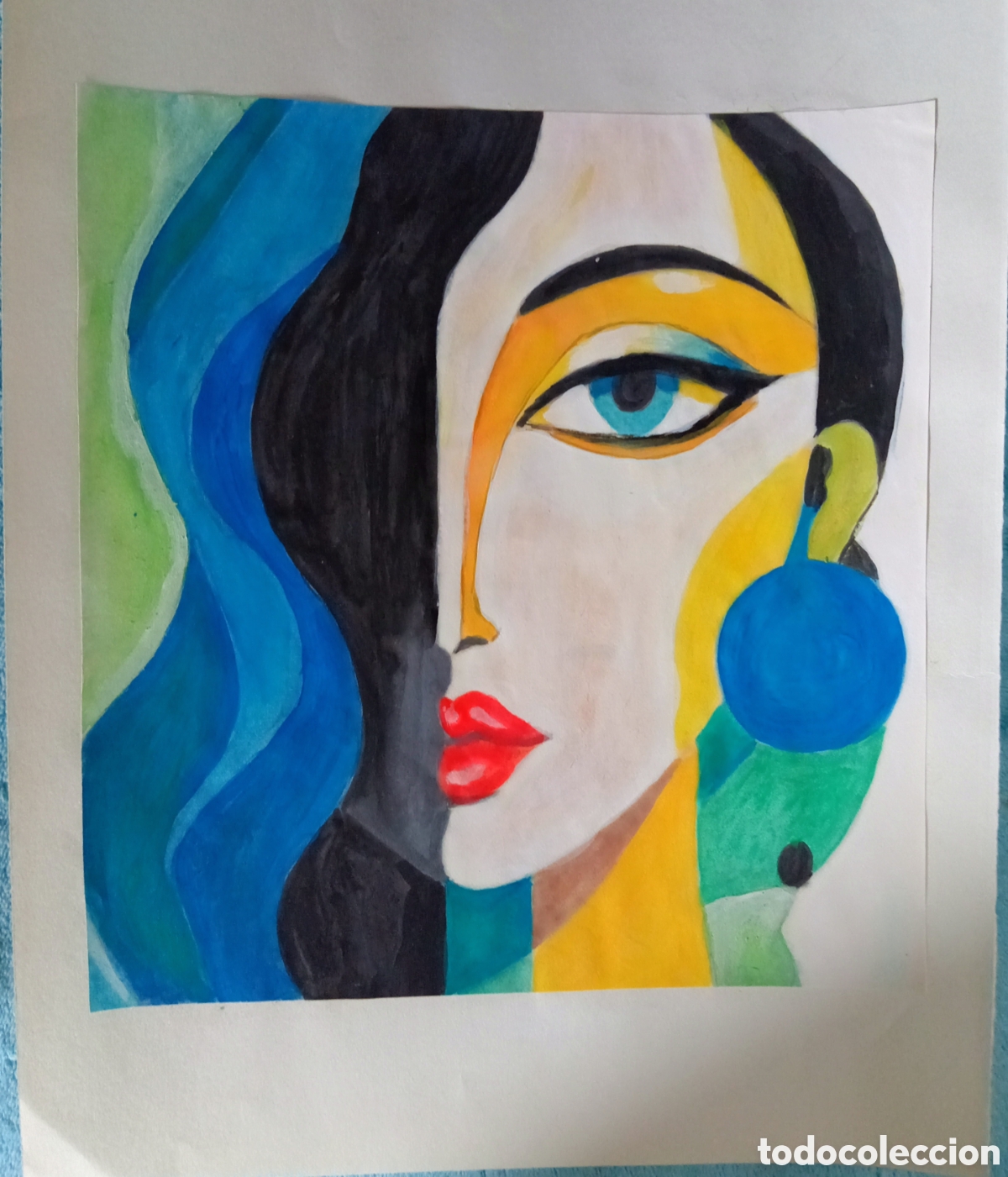 Arte: Original pintura cara abstracta (64) (t&eacute;cnica mixta) acuarela y acr&iacute;lico sobre papel cart&oacute;n doble 31