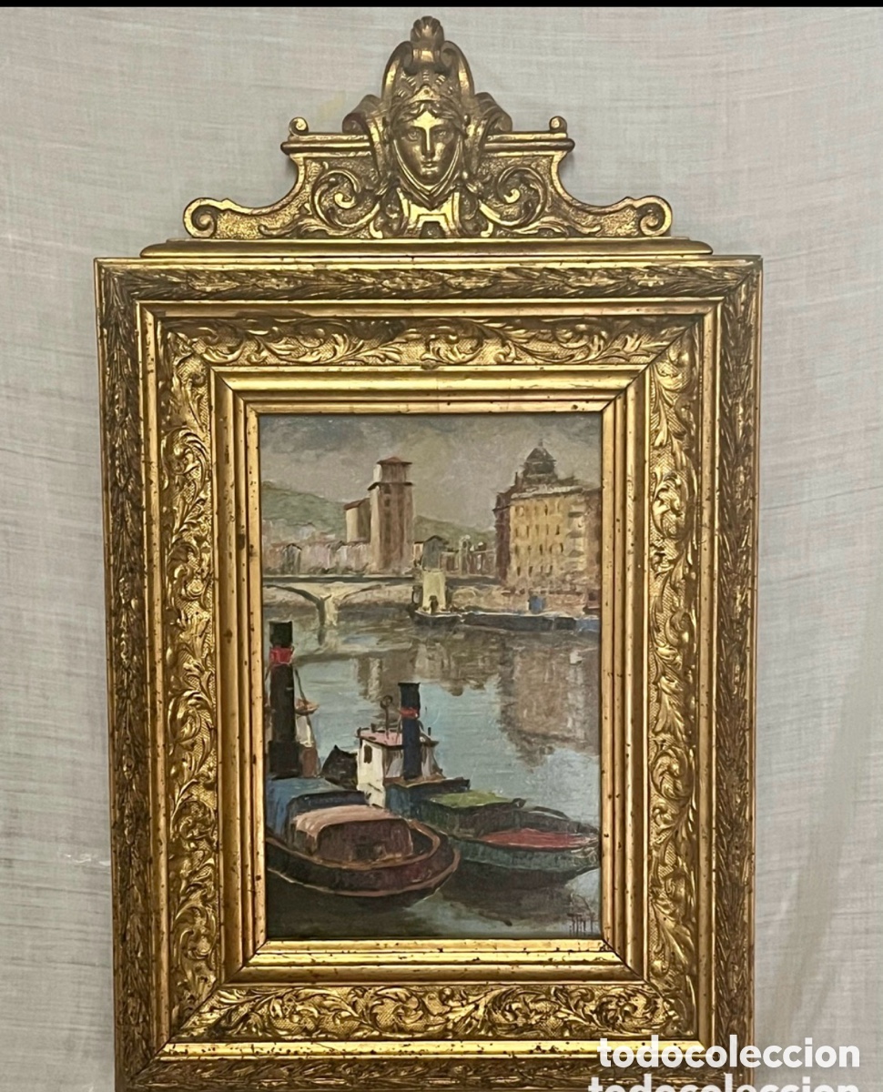 Arte: OLEO R&Iacute;A DE BILBAO - ANTONIO ALDAMA - MARCO MADERA TALLADA CON COPETE PAN DE ORO