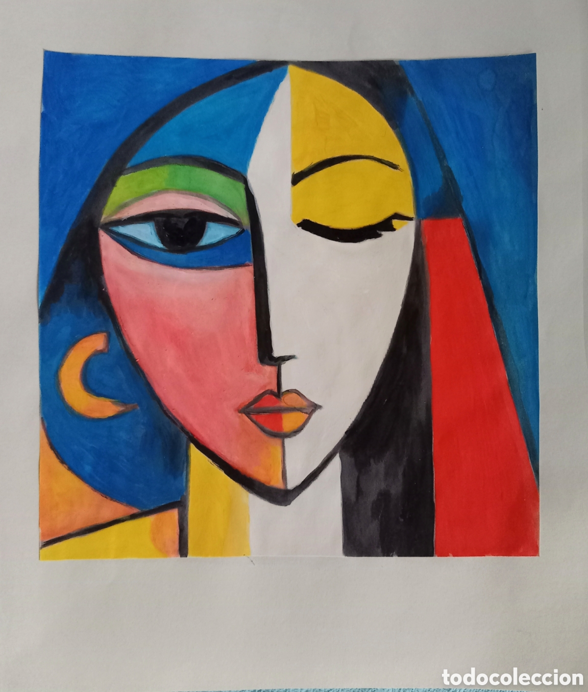 Arte: Original pintura cara abstracta (65) (t&eacute;cnica mixta) acuarela y acr&iacute;lico sobre papel cart&oacute;n doble 32