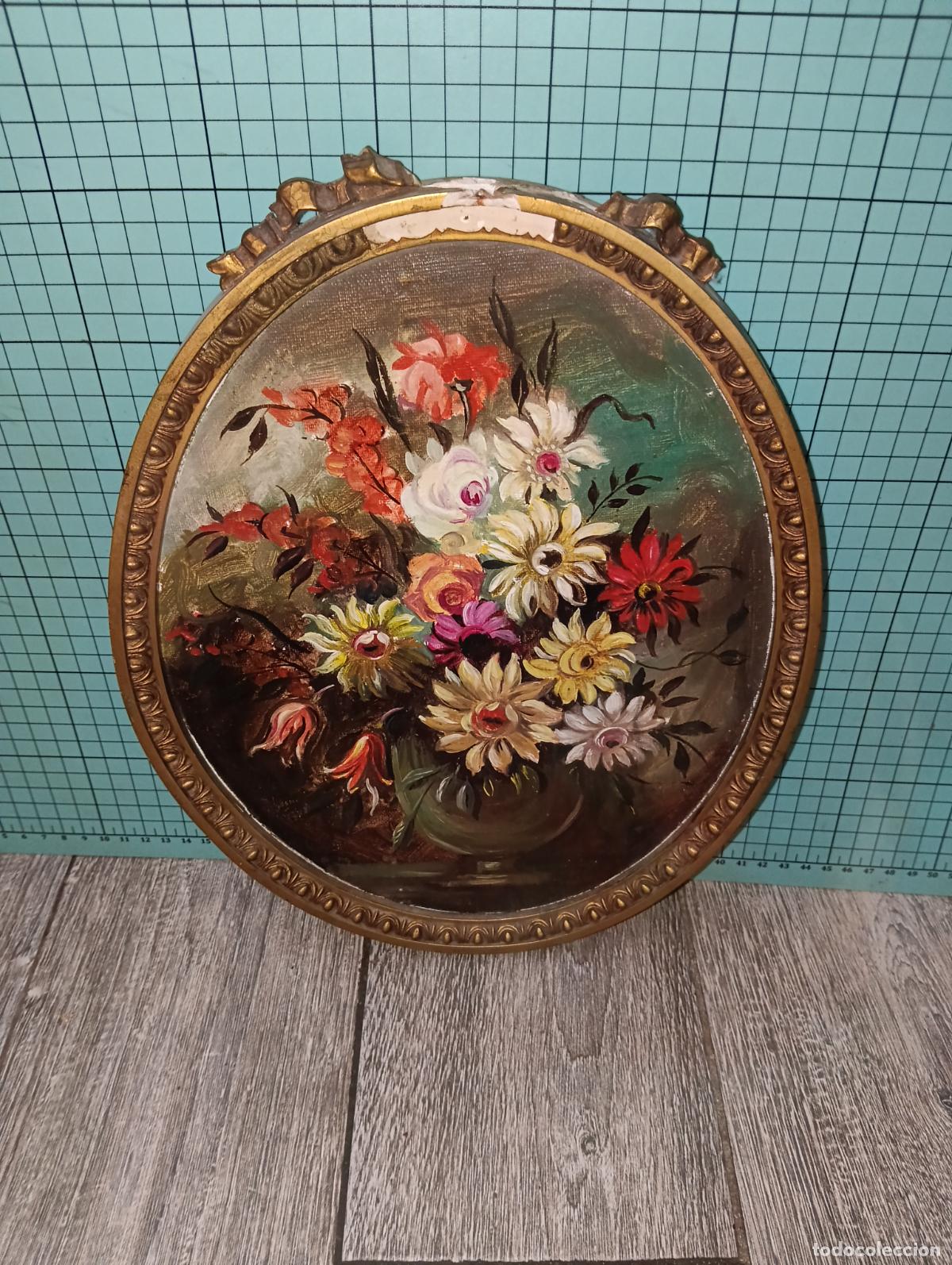 Arte: Antiguo cuadro &oacute;leo sobre tabla bodeg&oacute;n floral Marco ovalado madera dorada vintage
