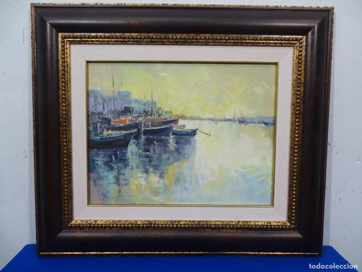 Arte: &Oacute;LEO TABLEX BEATRIU TORRENS. PUERTO CON BARCO. BIEN ENMARCADO.