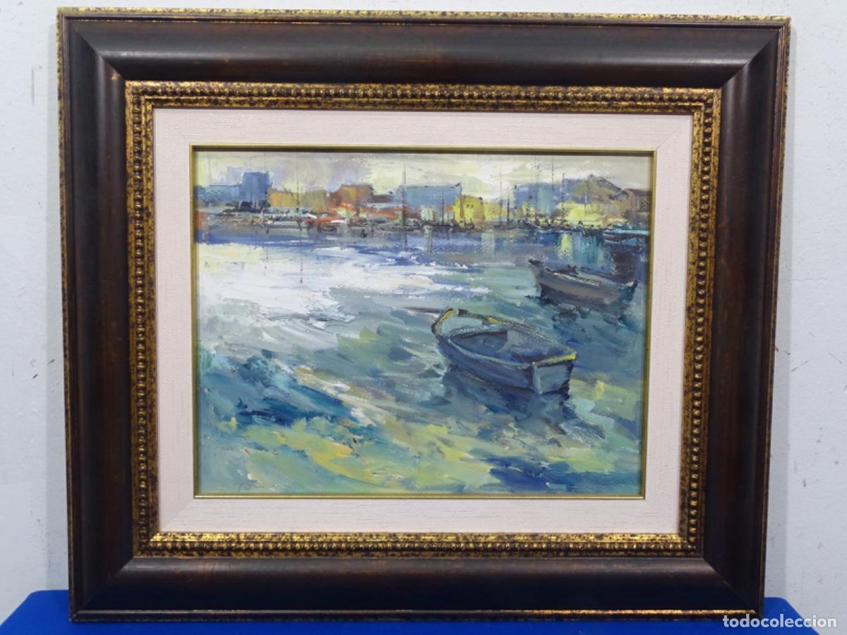 Arte: &Oacute;LEO TABLEX BEATRIU TORRENS. PUERTO CON BARCO. BIEN ENMARCADO.