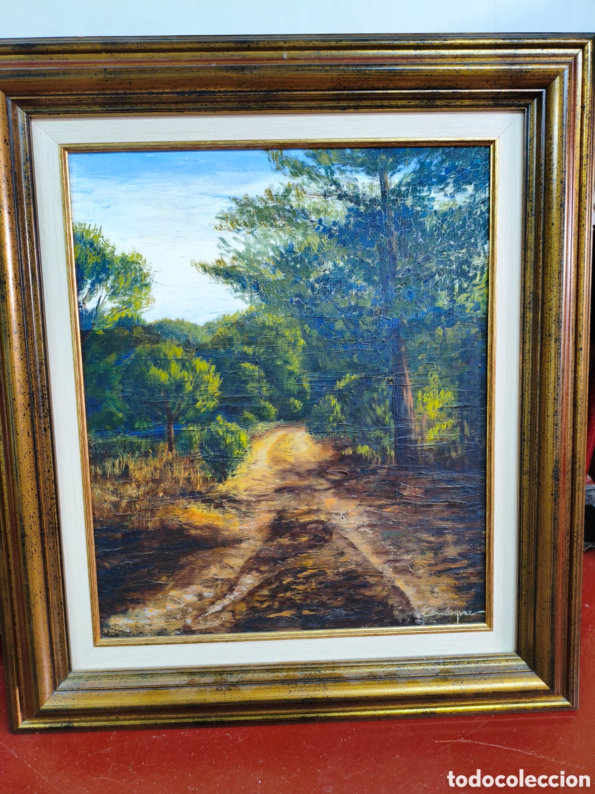 Arte: Gran Cuadro al &Oacute;leo con Marco Dorado - &rdquo;Paisaje de Bosque&rdquo; - Firmado C. M&aacute;rquez