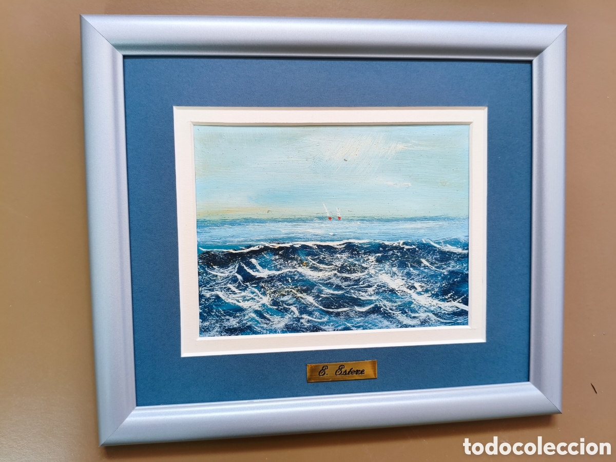Arte: &Oacute;leo sobre tabla - Marina texturizada - Firmado E. Esteve - Con marco y paspart&uacute; - 27x23 cm