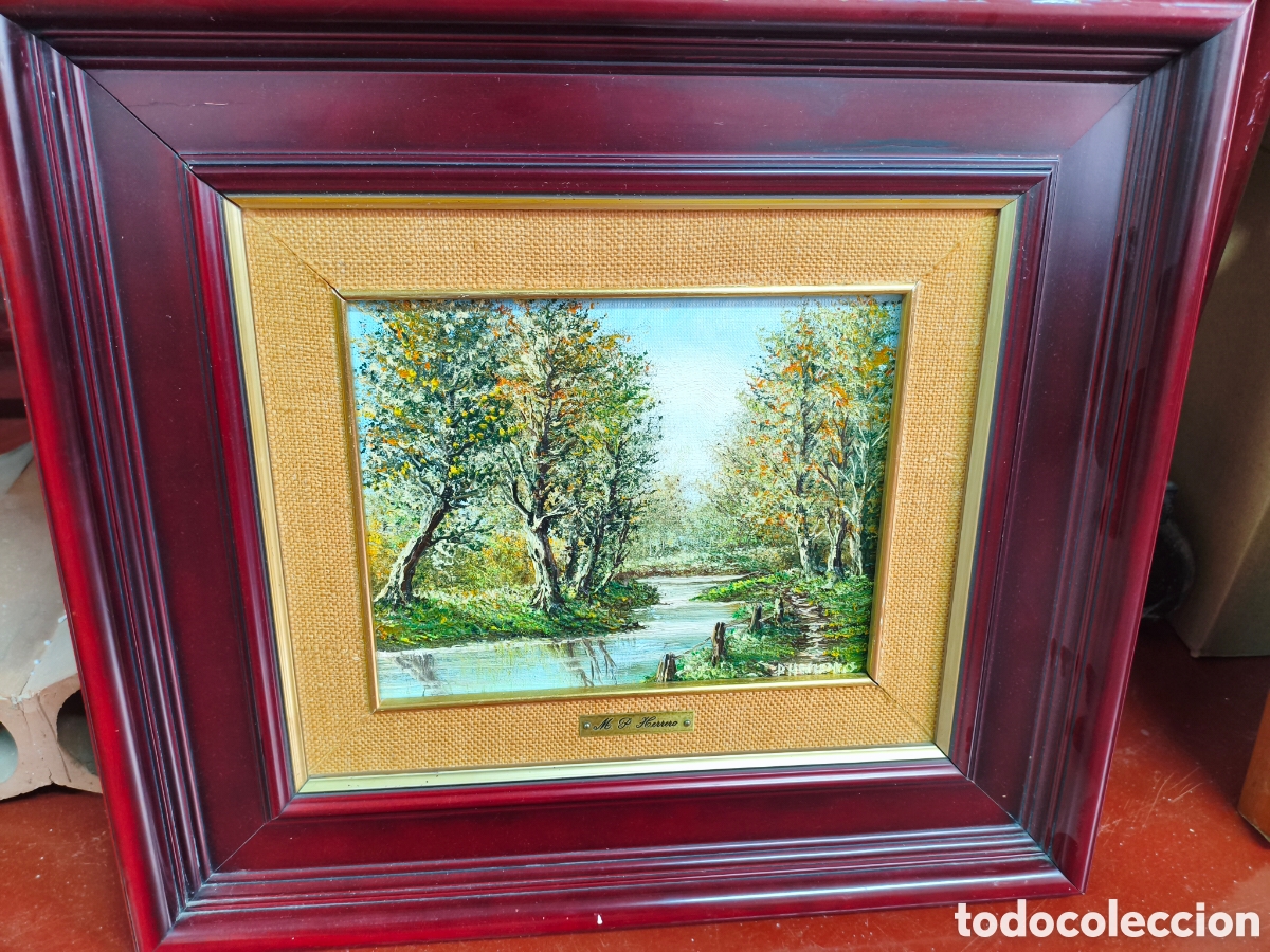 Arte: Cuadro al &oacute;leo sobre lienzo &rdquo;Paisaje de oto&ntilde;o con r&iacute;o&rdquo; - Firmado M. P. Herrero - T&eacute;cnica con relieve