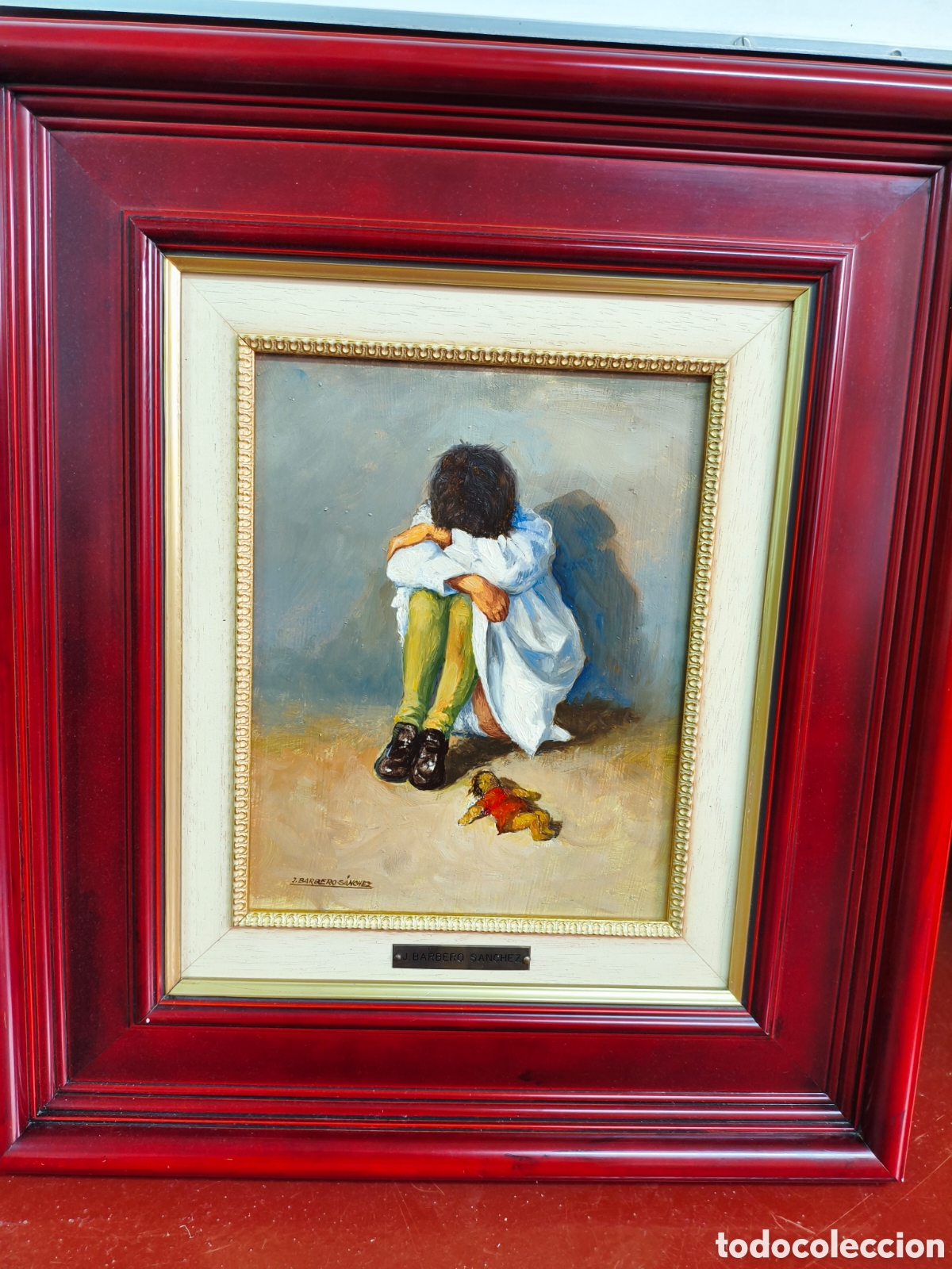 Arte: &Oacute;leo sobre lienzo - Infancia / Ni&ntilde;o triste con juguete - J. Barbero S&aacute;nchez - Enmarcado 45x51 cm