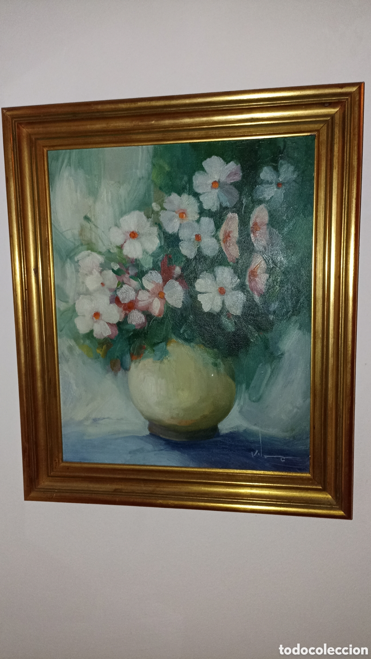 Arte: Cuadro &Oacute;leo sobre Lienzo &rdquo;Bodeg&oacute;n Floral&rdquo; - Firmado VILA - Marco Dorado (50x42 cm)
