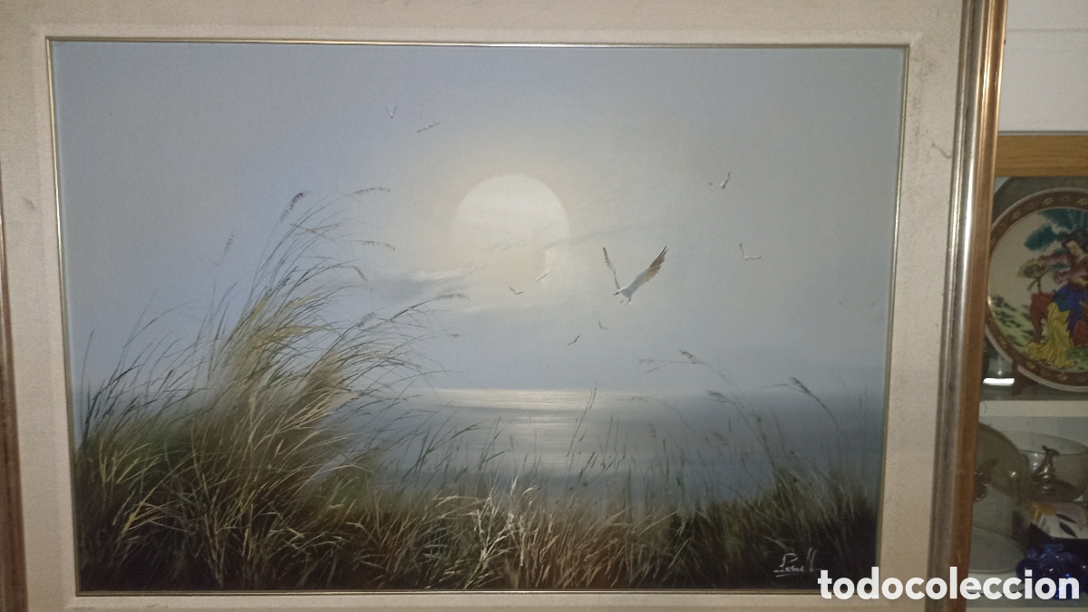 Arte: Gran Cuadro al &Oacute;leo - Paisaje Marino con Gaviotas y Dunas (84x113 cm)